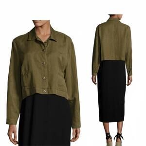 EILEEN FISHER moss green  modal/linen button up boxy crop Lagenlook shacket 2XL